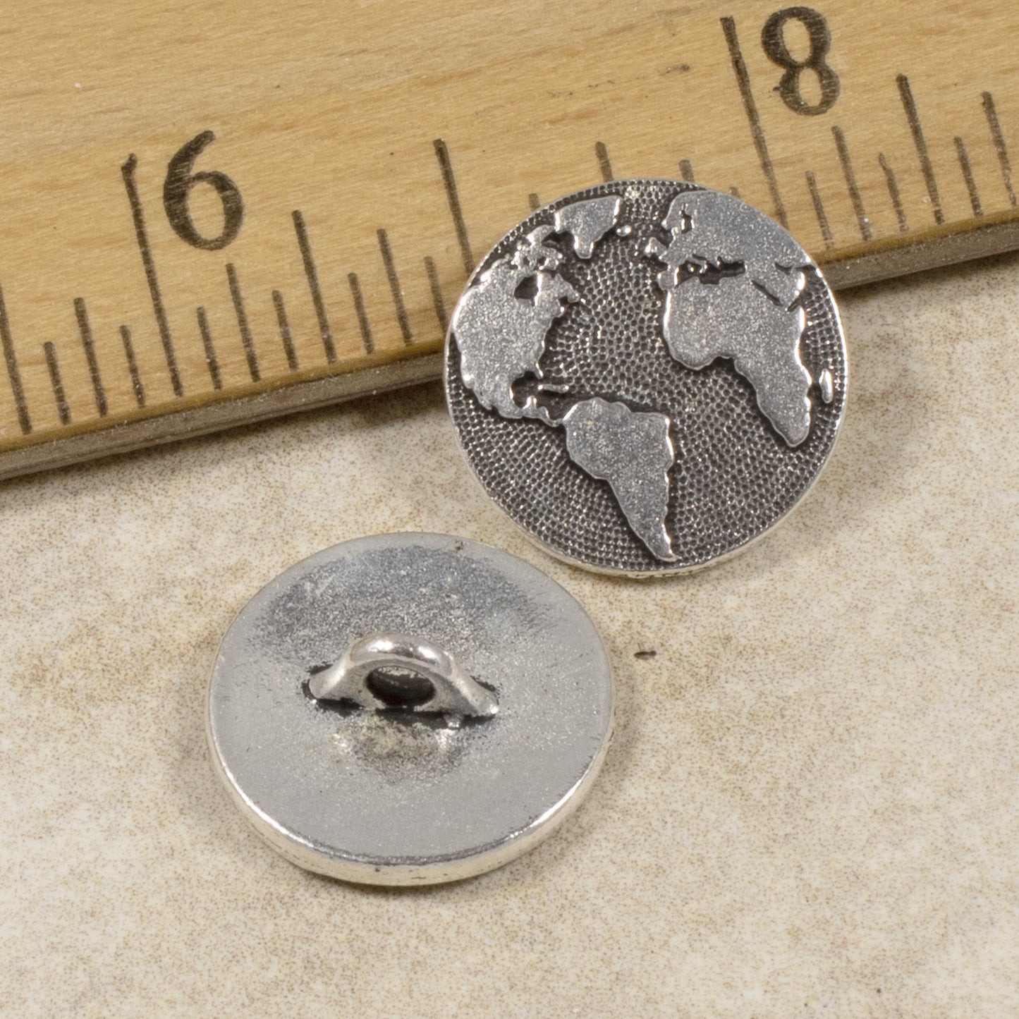 2 Silver Earth Buttons, TierraCast Map Clasp for Leather Jewelry, Shank Back