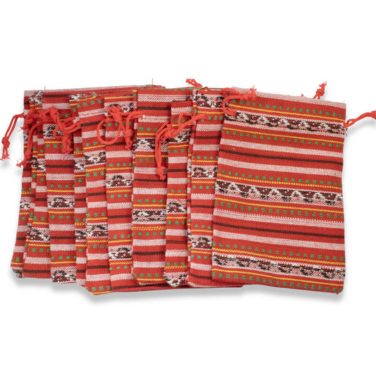 Red Striped Fabric Drawstring Bags, Rectangle Cloth Pouches (10 Pcs)