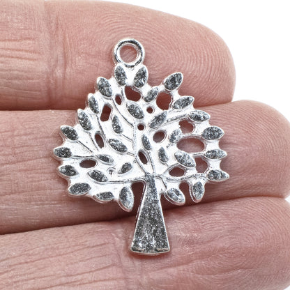 10 Bright Silver Tree of Life Pendants, Metal Nature Charms for Jewelry Making