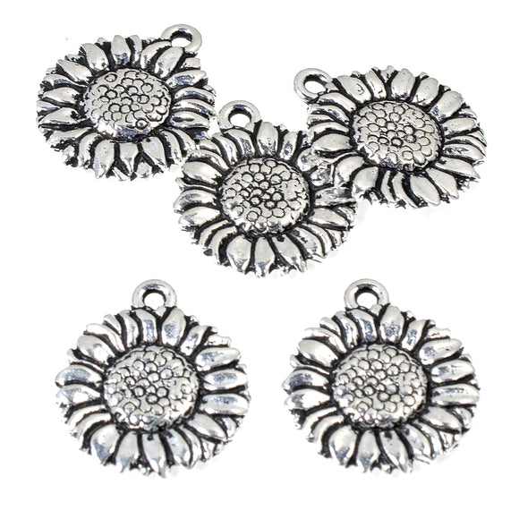 5 Silver Sunflower Charms, TierraCast Floral Garden Charm
