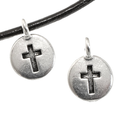 2 Silver Round Cross Charms, TierraCast Mini Pendants for Jewelry Making