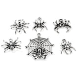 Silver Spider Charm Set, Metal Halloween Insect Spider Web Mix 6/Pkg