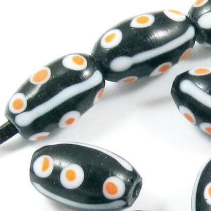 Glass Oval Lampwork HALLOWEEN Beads-BLACK, WHITE, ORANGE DESIGN (10)