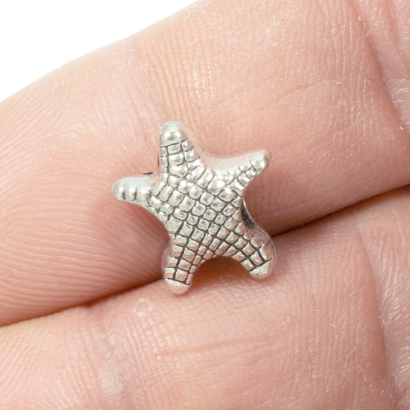 20 Silver Starfish Beads - Large Hole Metal Sea Star - DIY Beach Themed Supplies