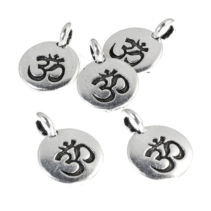 5 Silver Round Om Charms - TierraCast Hindu Ohm Pendants - Opposed Loop for Leather Cord