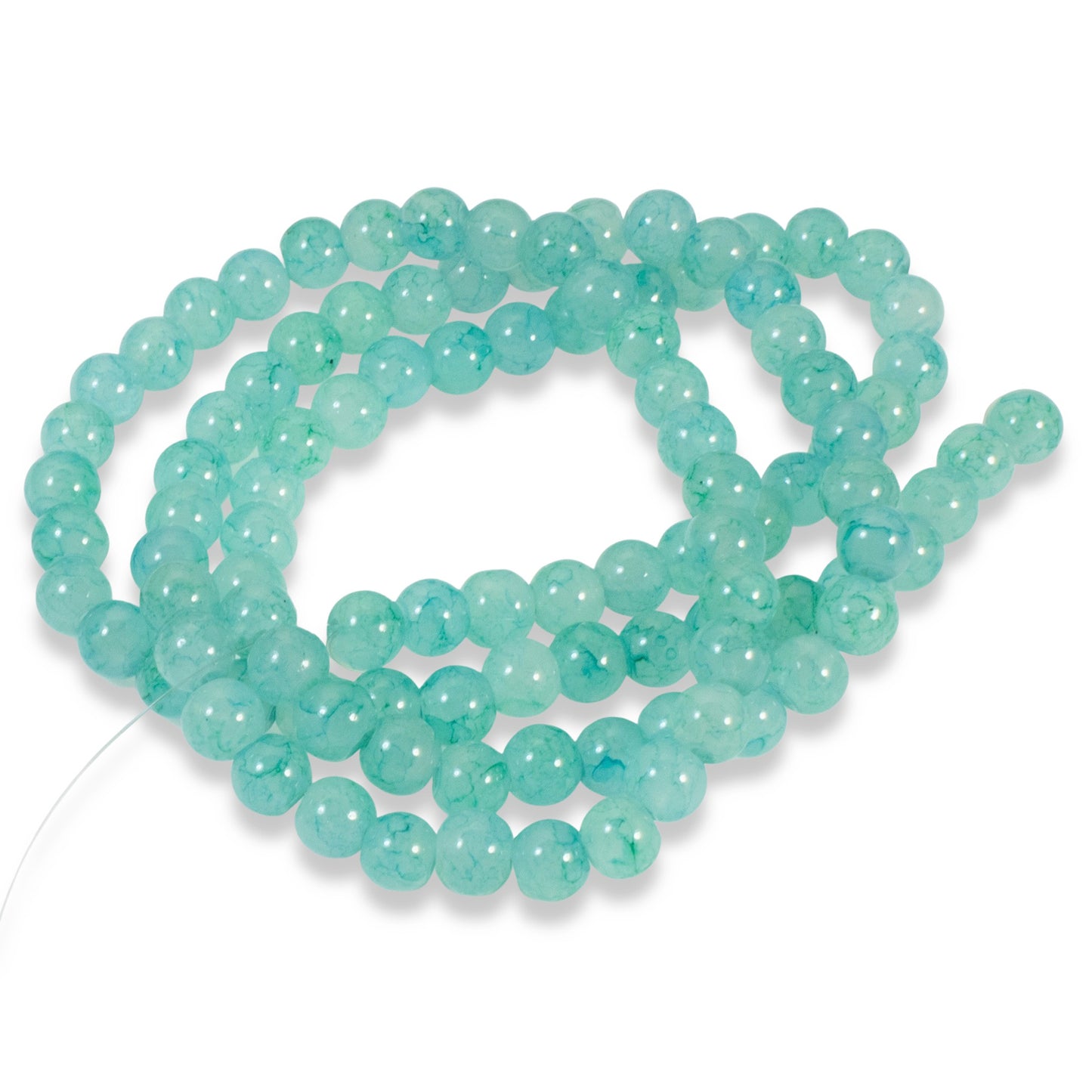 6mm Aqua Blue Green Dragon Vein Glass Beads, Round Beads + Veining 100/Pkg