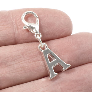 Letter "A" Clip On Charm, Silver Initial Alphabet Dangle with Lobster Clasp
