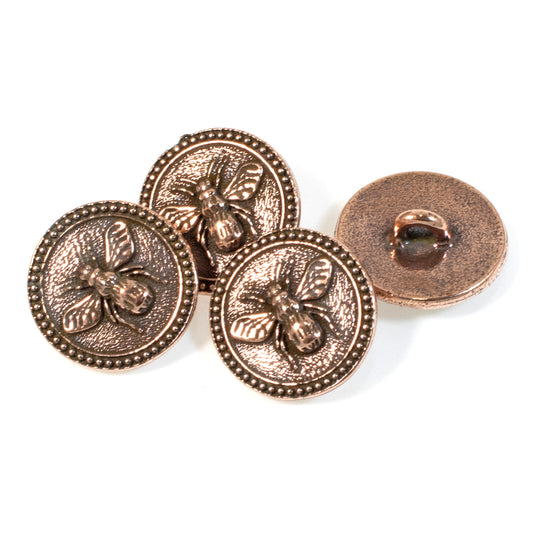 4 Copper Bee Buttons, Nature-Inspired Leather Clasp + Shank Back, For Bracelets, Clothing & Crafts