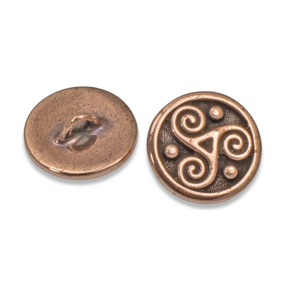 2 Copper Celtic Buttons - Triskele Triple Spiral - Shank Back - Leather Clasp