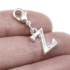 Letter "Z" Clip On Charm, Silver Initial Alphabet Dangle with Lobster Clasp