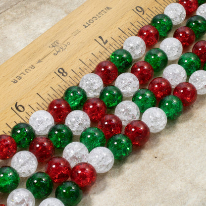 90/Pkg 10mm Red, Green & Clear Crackle Glass Beads | Christmas Bead Mix