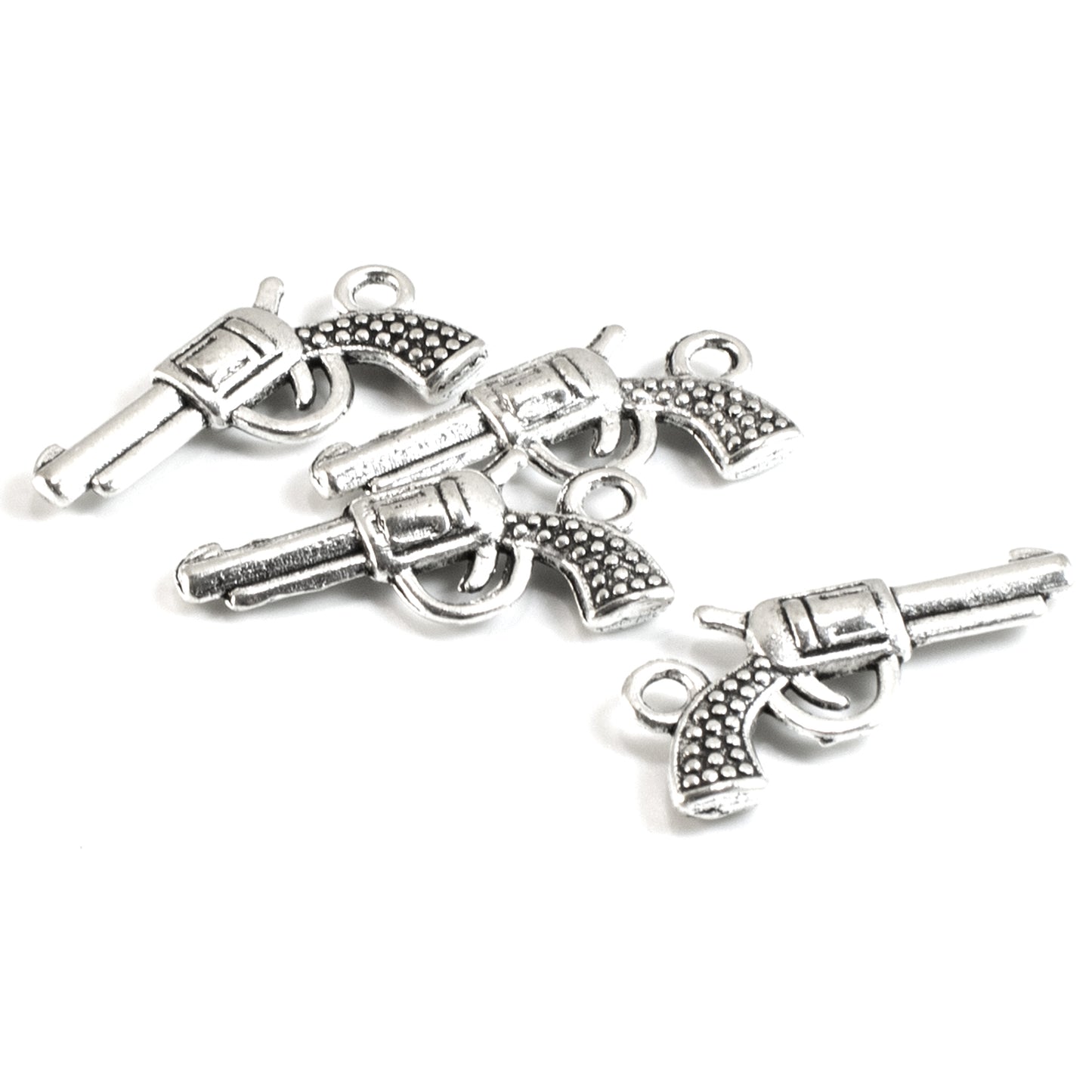 20 Silver Gun Charms - Vintage Revolver Pistol Design - Ideal for Jewelry & Crafts