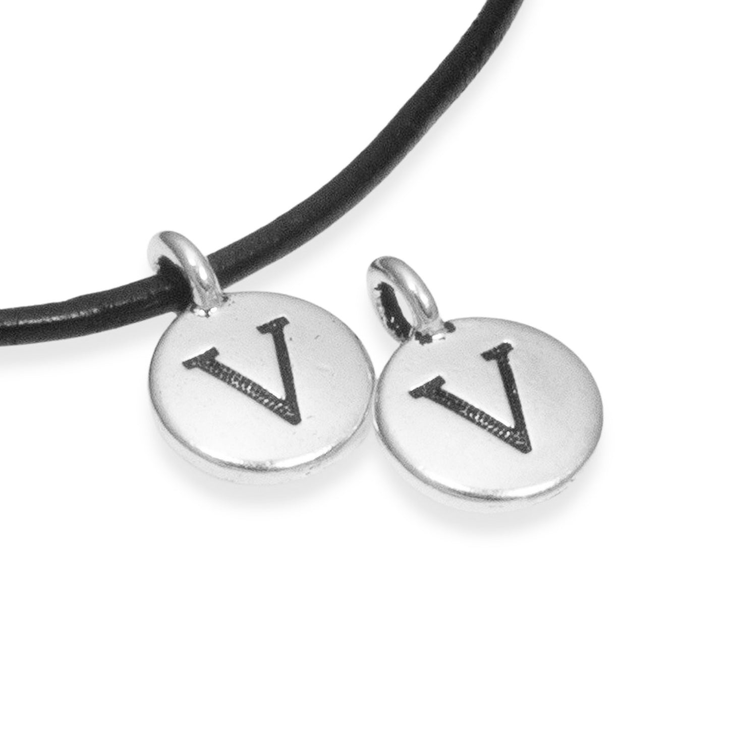 2Pc. Silver "V" Initial Charms, TierraCast Round Small Alphabet Letter