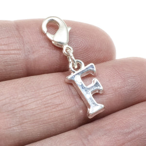 Letter "F" Clip On Charm, Silver Initial Alphabet Dangle with Lobster Clasp