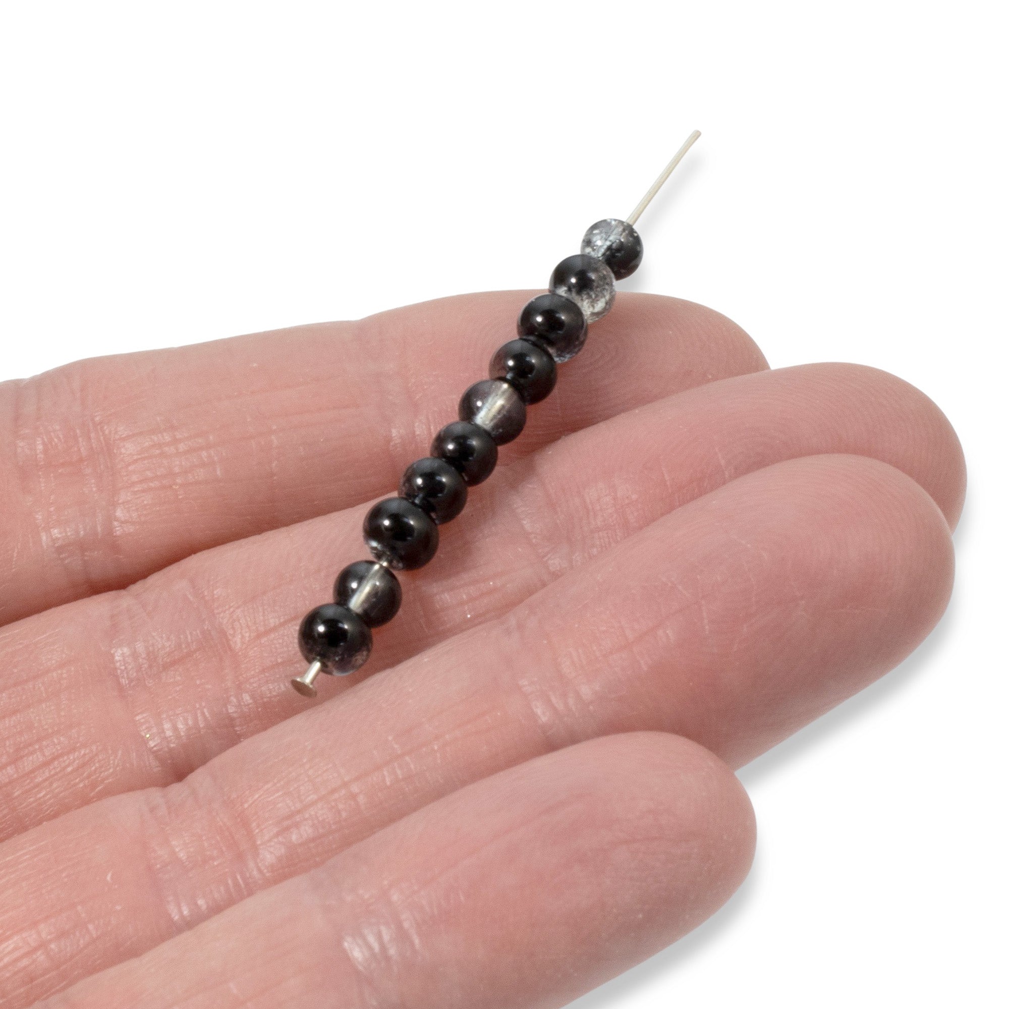 4mm Black & Clear Round Glass Crackle Beads