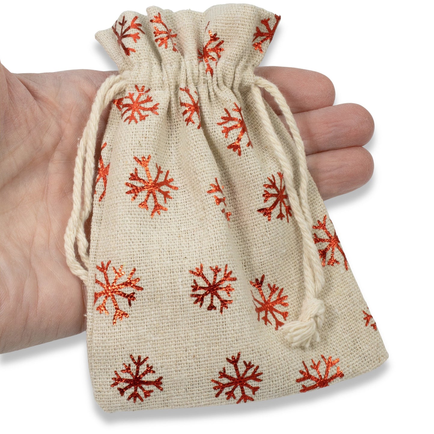 10 Tan and Red Metallic Snowflake Drawstring Bags for Christmas, Cloth Pouches