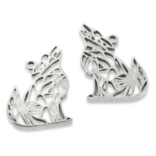 5 Wolf Charms -Stainless Steel - Silver Howling Wolf Design - Spirit Animal