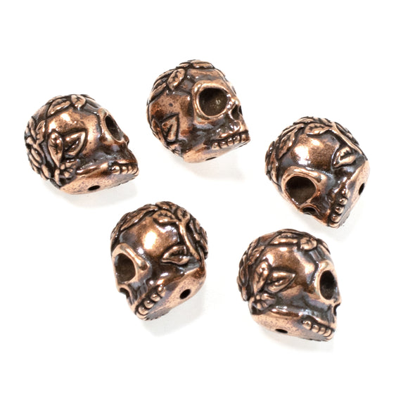 5 Copper Rose Skull Beads, TierraCast Sugar Skull, Day of the Dead Beads