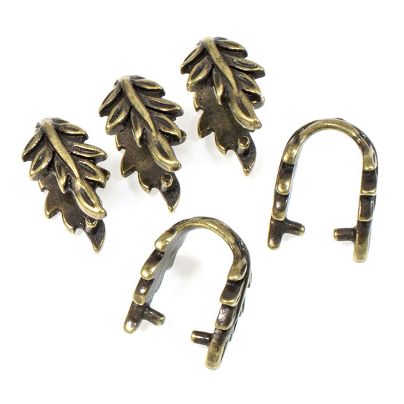 5 Antique Brass Leaf Pinch Bails, TierraCast Botanical Pendant Bail