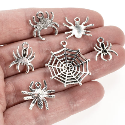 Silver Spider Charm Set, Metal Halloween Insect Spider Web Mix 6/Pkg