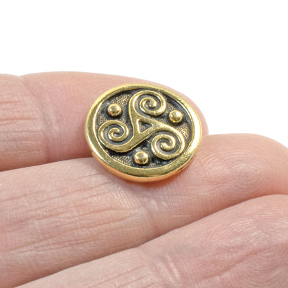 2 Gold Triple Spiral Celtic Buttons, Triskele Symbol, Shank Back