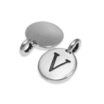 2Pc. Silver "V" Initial Charms, TierraCast Round Small Alphabet Letter