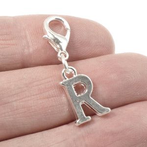 Letter "R" Clip On Charm, Silver Initial Alphabet Dangle with Lobster Clasp