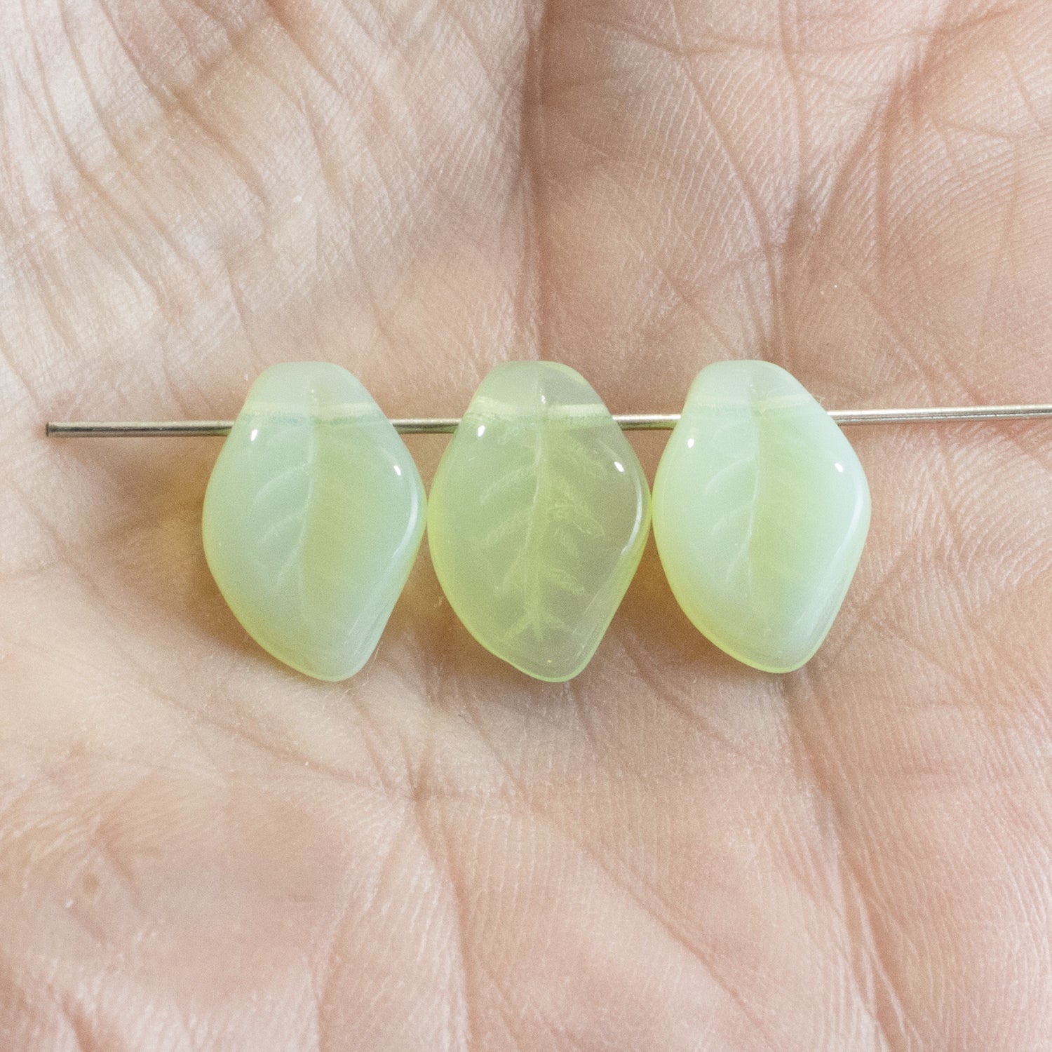 Light Mint Green Opal Leaf Beads, Czech Glass Nature Leaves 25/PKG
