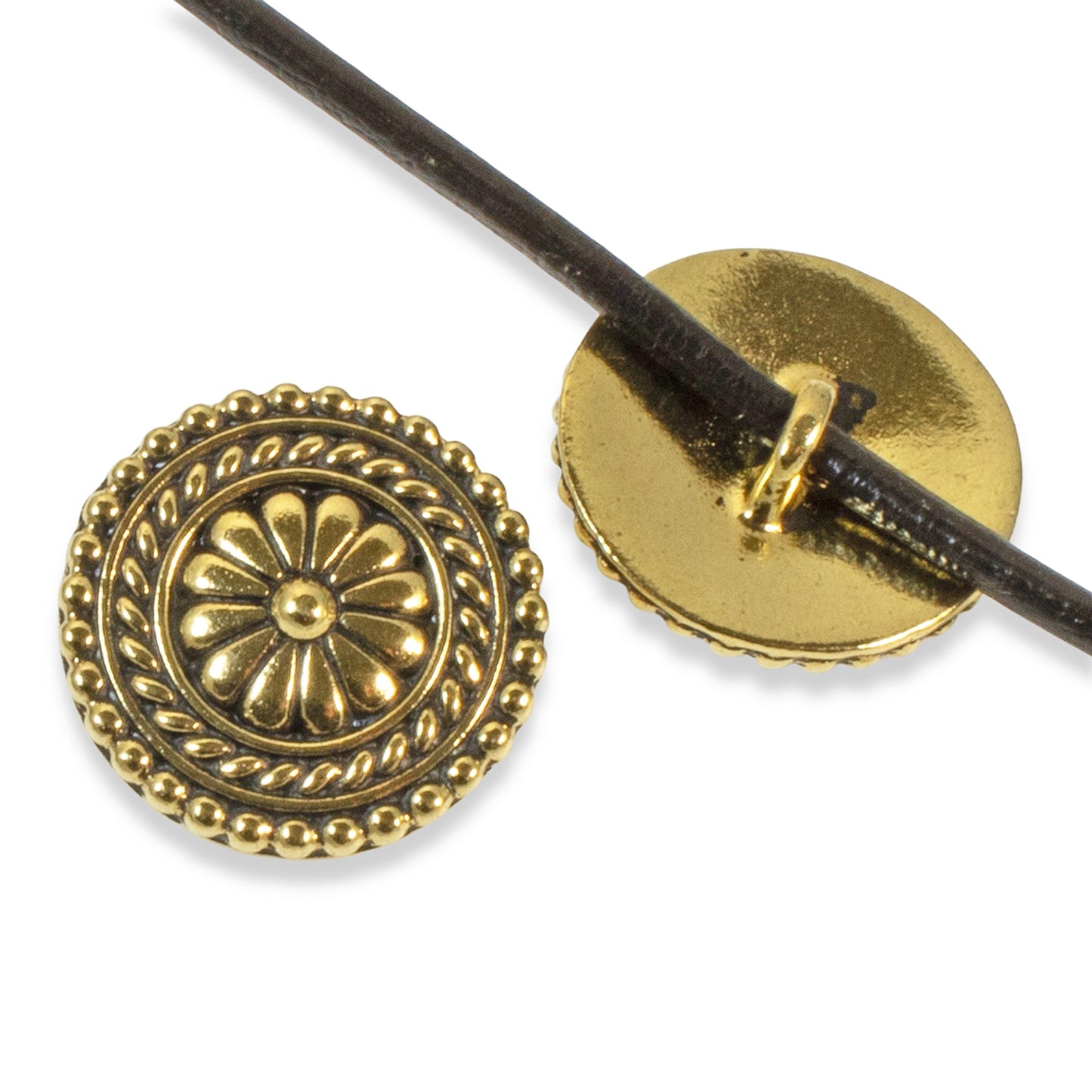 Gold Large Bali Buttons, TierraCast Leather Clasp, Shank Back 2/pkg