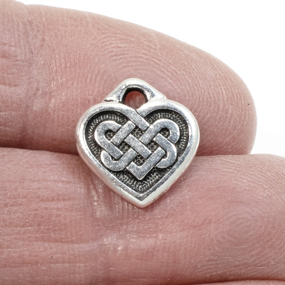 2 Silver Celtic Heart Charms, TierraCast Double Sided Love Knot Pendant