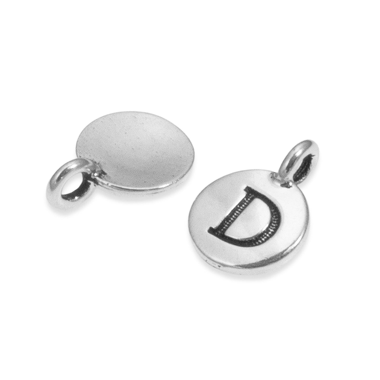 2Pc. Silver "D" Initial Charms, TierraCast Round Small Alphabet Letter