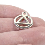4 Silver Recovery Symbol Charms, AA Triangle in Circle, White Bronze