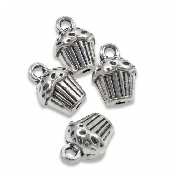 12 Silver Cupcake Charms - Whimsical Food Dessert Pendants - DIY Jewelry Supply