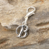 Silver Letter "B" Clip On Charm, Cursive Script Initial Dangle + Lobster Clasp