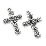 Silver Floral Cross Pendants, Easter Flower Rosary Cross Charms, 2/Pkg