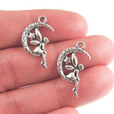 Fairy Sitting in Moon Charms, Antique Silver Metal Pendants (20 Pieces)