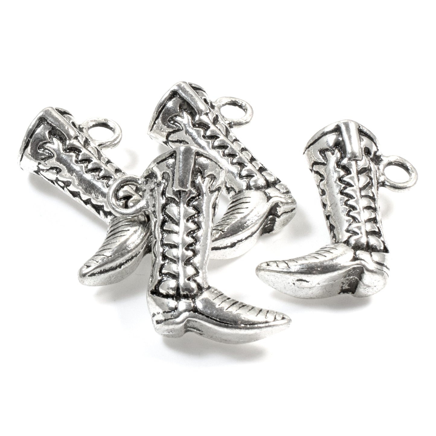 4 Cowboy Boot Charms - Silver Detailed 3D Boots - Rodeo & Western Jewelry Making