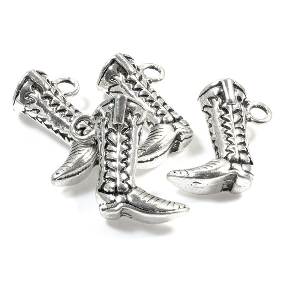 4 Boot Pendants - Silver 3D Cowboy Boot Charms - Rodeo & Western Jewelry Making