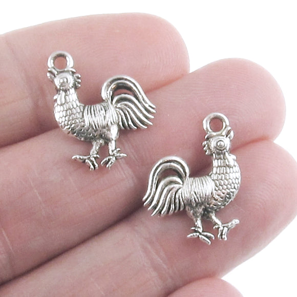 Silver Rooster Charms, Metal Poultry Chicken Farm Animal Charm 10/Pkg