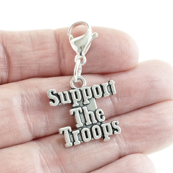 Silver Support the Troops Clip-on Charm, Military Pride Patriotic Accessory for Purse or Keychain