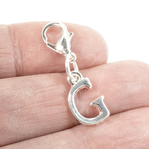 Letter "G" Clip On Charm, Silver Initial Alphabet Dangle with Lobster Clasp