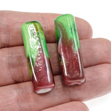 4 Green & Pink Square Tube Lampwork Beads, Focal Glass Bead Set for DIY Jewelry