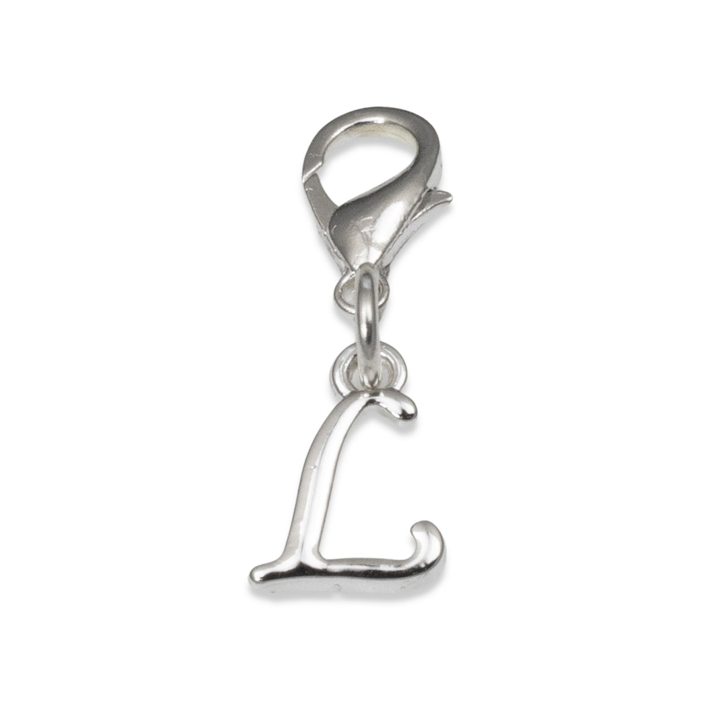 Silver Letter "L" Clip On Charm, Cursive Script Initial Dangle + Lobster Clasp