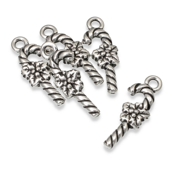 5 Silver Candy Cane Charms, TierraCast Christmas Winter Candy Cane