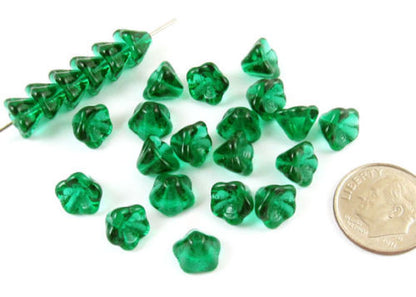 Emerald Green Bell Flower Beads, Czech Glass Beads 6x8mm (25 Pieces)