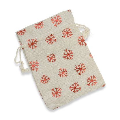 10 Tan and Red Metallic Snowflake Drawstring Bags for Christmas, Cloth Pouches