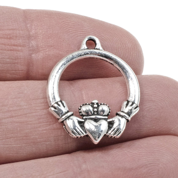 2 Silver Claddagh Pendants, TierraCast Pewter Celtic Charms for DIY Jewelry Making