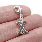 Letter "X" Clip On Charm, Silver Initial Alphabet Dangle with Lobster Clasp