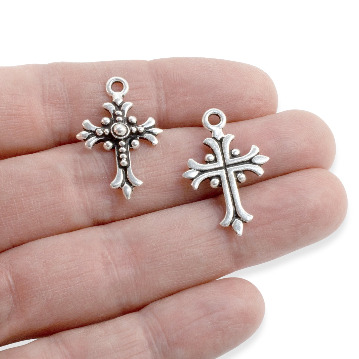 2 Fleur Cross Pendants - Silver TierraCast Pewter Charms - Handmade Jewelry and Rosaries - Unique Bridal Keepsake