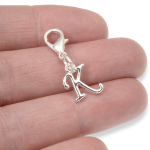 Silver Letter "K" Clip On Charm, Cursive Script Initial Dangle + Lobster Clasp